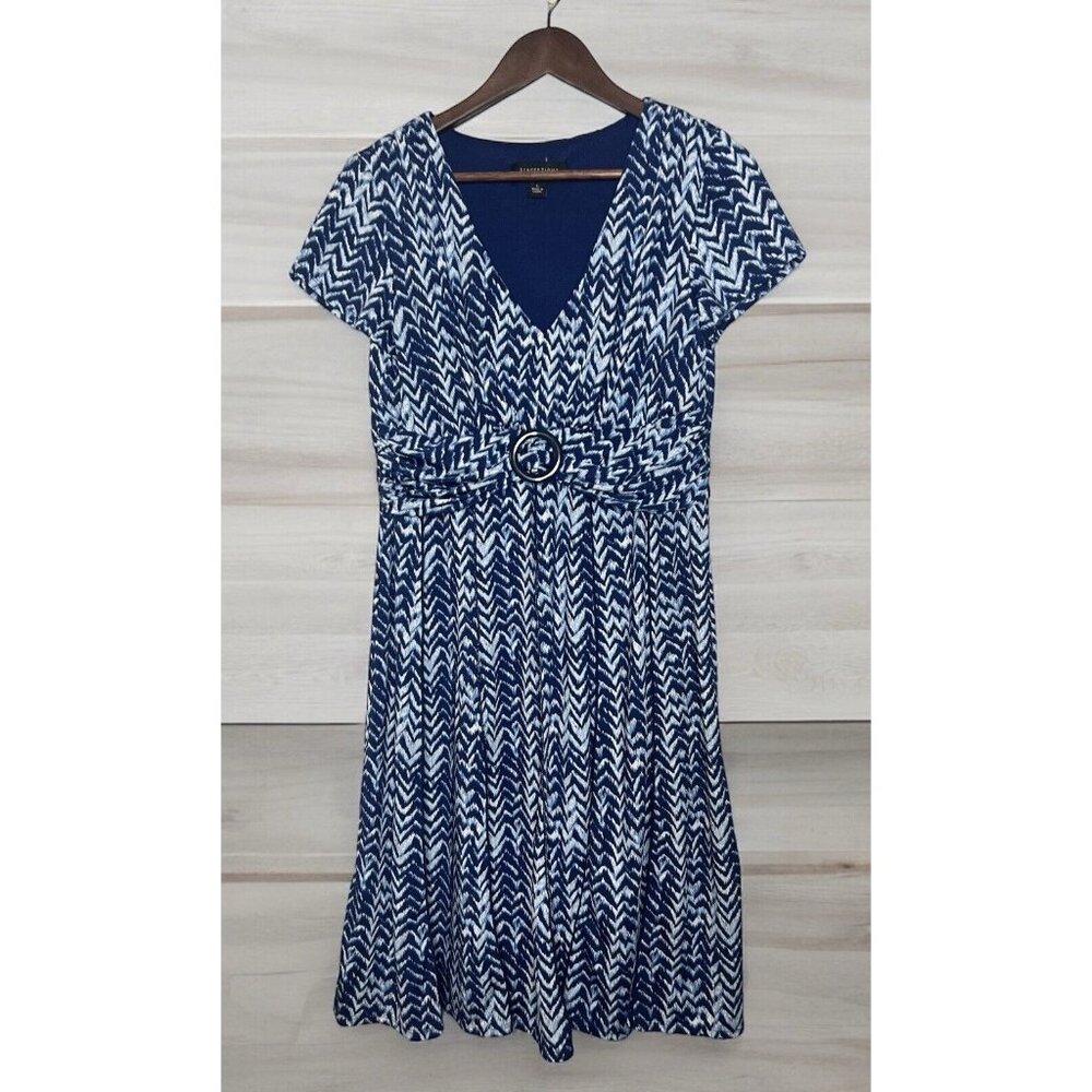 PERCEPTIONS New York  SLEEVELESS Blue White CHEVRON PRINT  DRESS  Size L ($79)